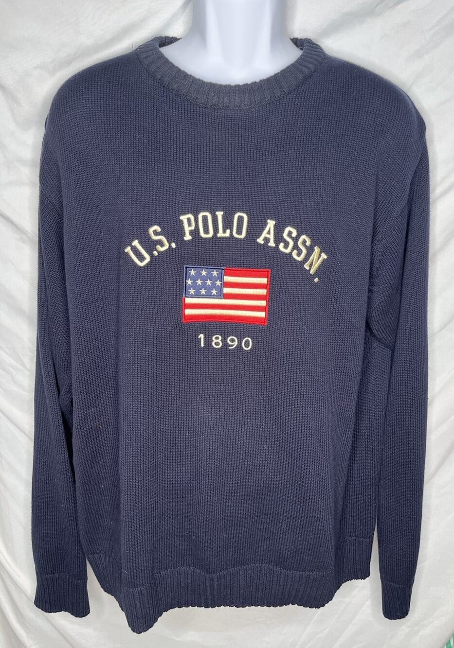 US Polo Assn USA Flag Knit Sweater Pullover Size XL Blue All Cotton Vintage 90s